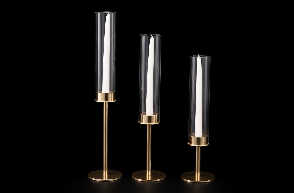 Gold candle holders paired with glass hurricane vases