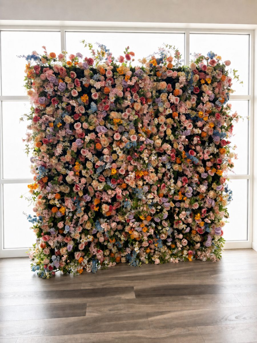 Large mixed-flower wall in blush, peach, and blue tones