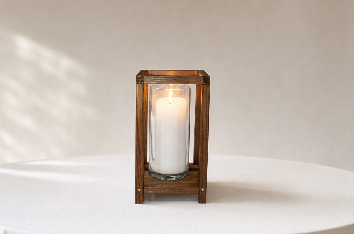 Natural wood lantern with glass panels
